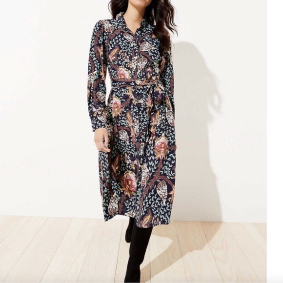 LOFT Petite Navy Floral Paisley Belted Midi Dress 00P Long Sleeve Viscose - Picture 1 of 9